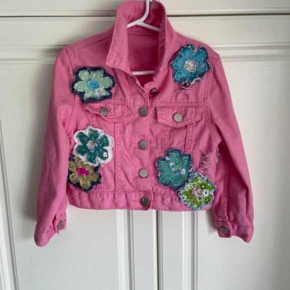 Custom Toddler Pink Jean Jacket in Size 4 with Multi-layer Boho Flowers NWT - Picture 11 of 16
